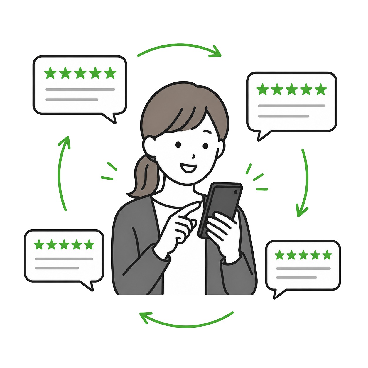 スマートフォンからお客様のクチコミが生まれ、店舗の信頼情報として循環していくイメージ