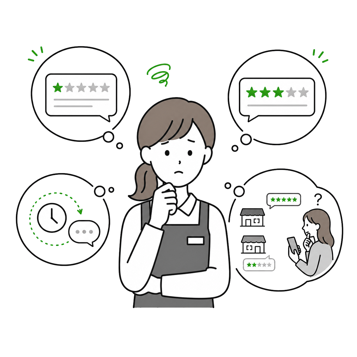 クチコミ獲得や返信対応、競合との比較に悩む店舗スタッフのイメージ