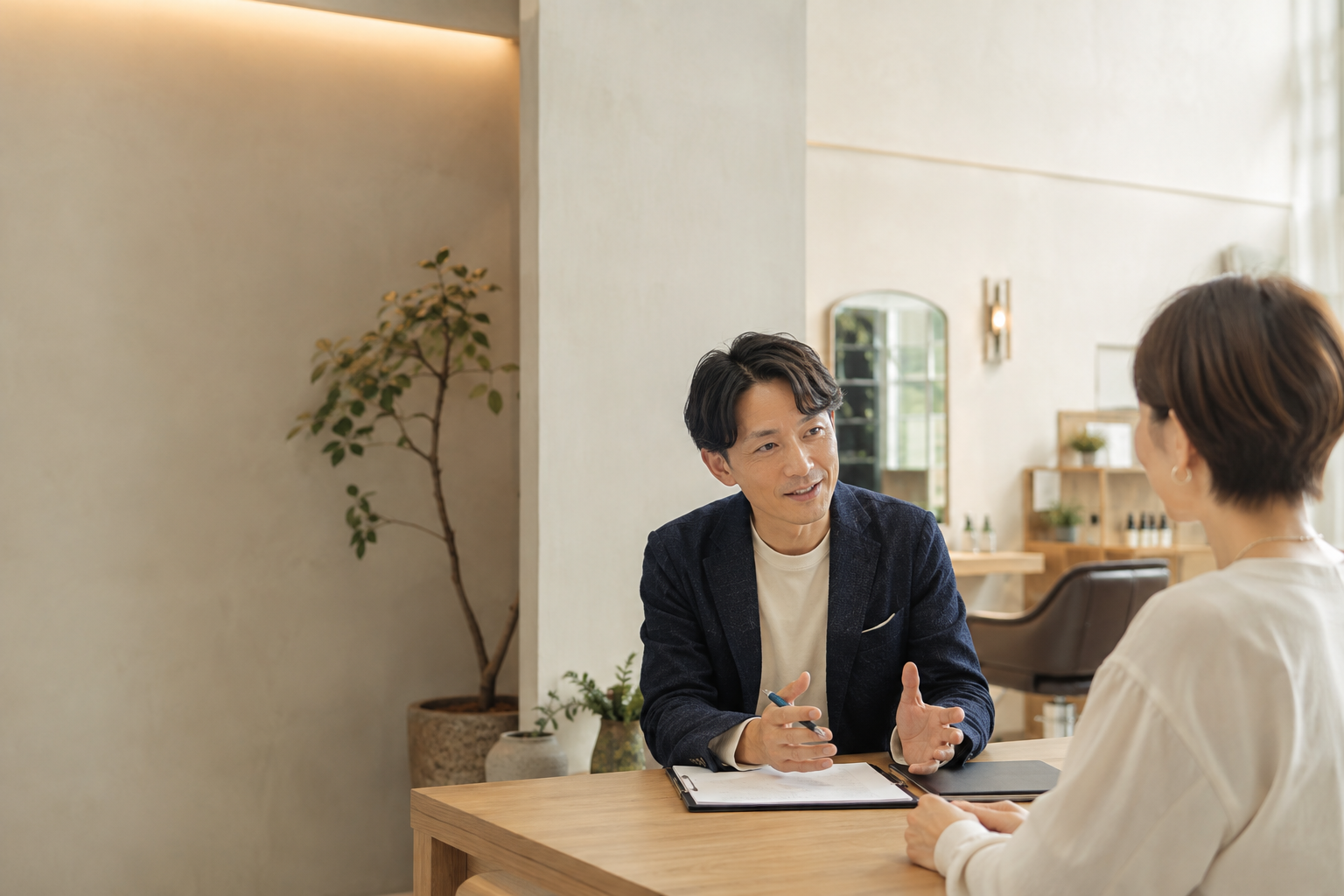 店舗オーナーと現場の課題について対話するコンサルタント
